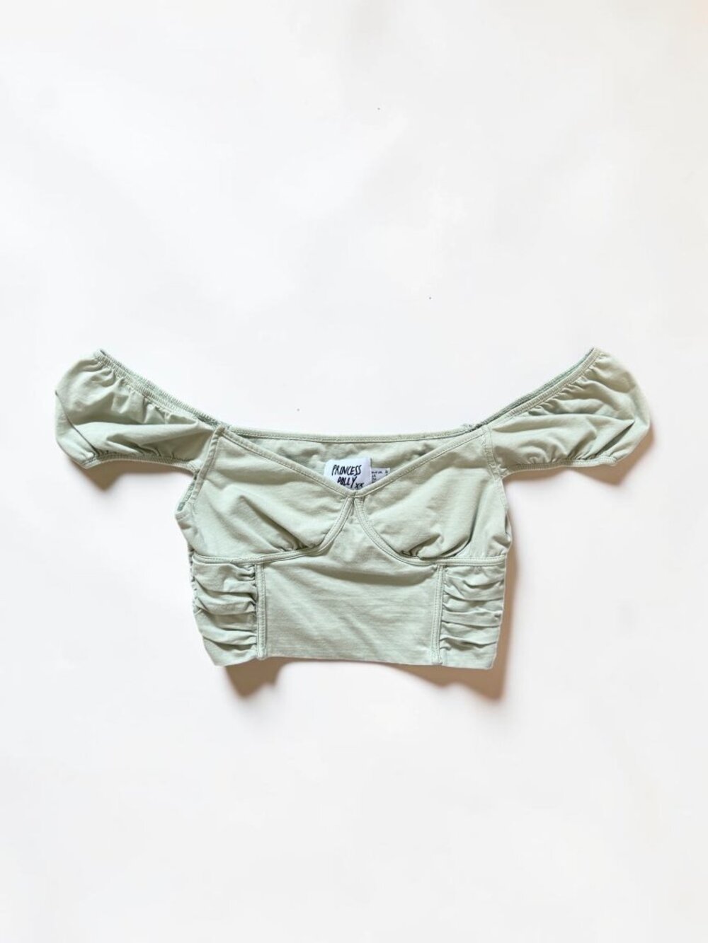 Princess Polly Karla Top Sage Green Puff Sleeve Crop Top US 4 Going Out Top